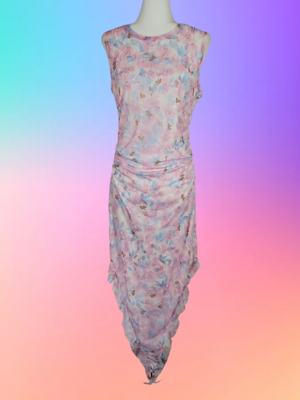 Charlotte Russe Pastel Dress Pink Blue Floral Asymmetrical Hem Party Dress, L